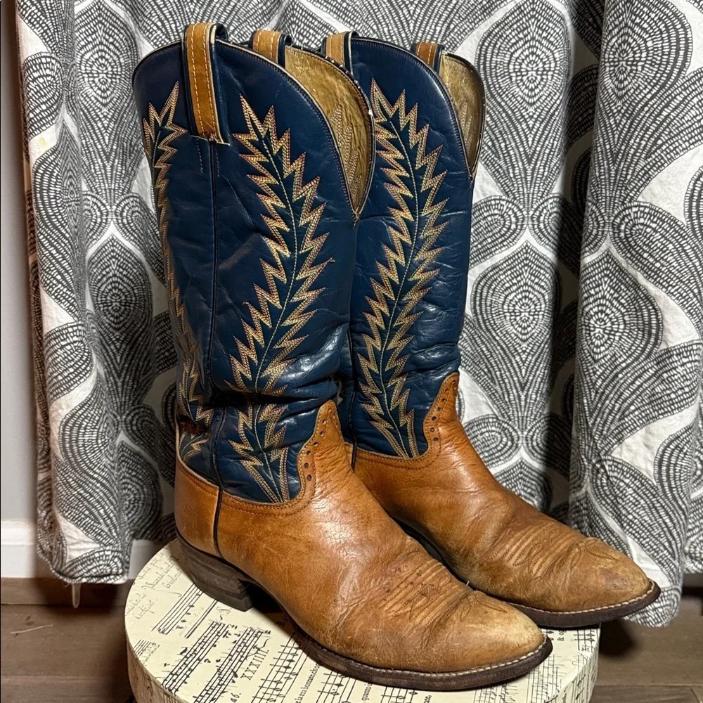 Hondo Crazy Horse Distressed Embroidered Navy/ Brown Leather Western Boots SZ9 - Picture 3 of 14